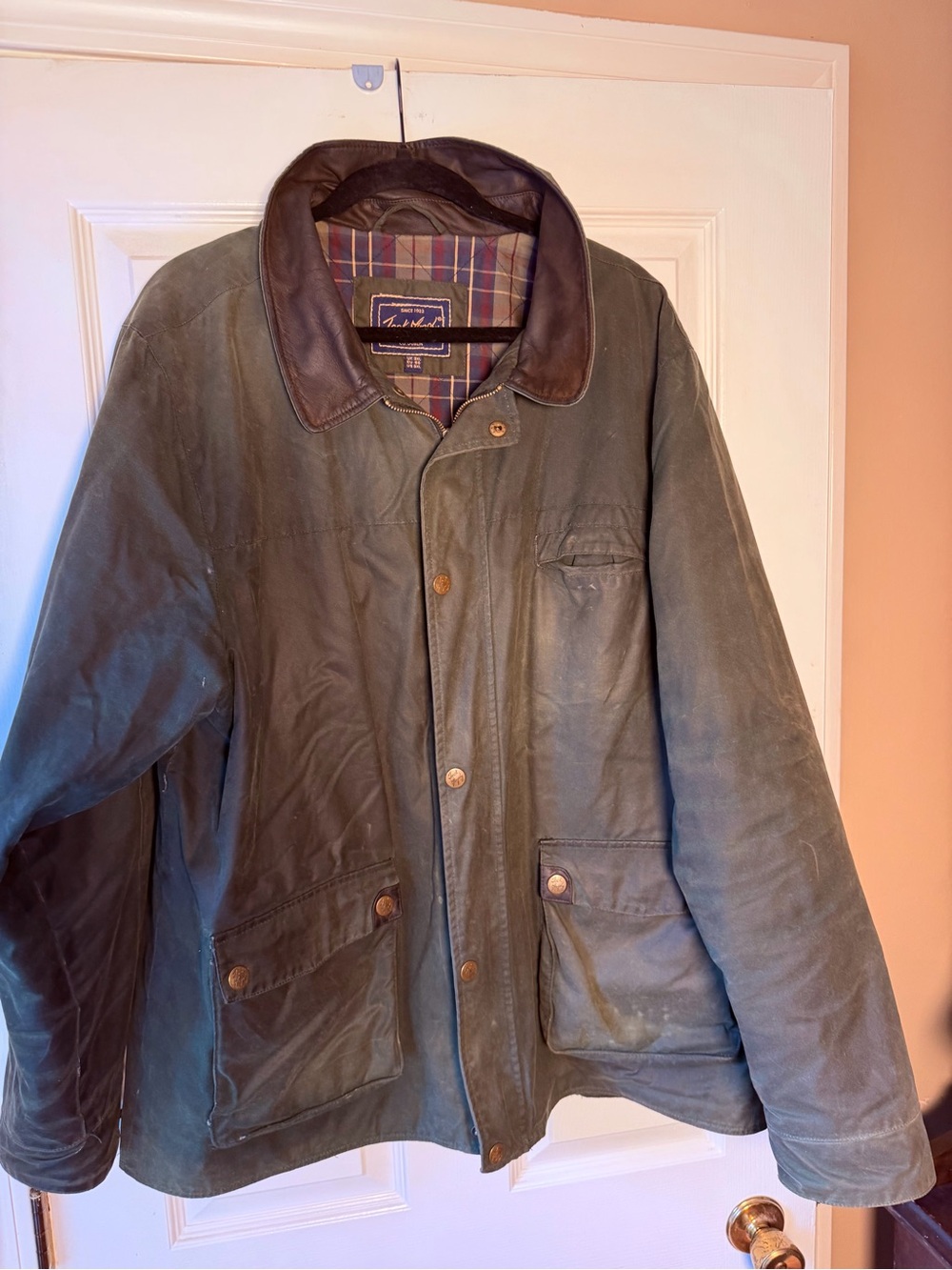 Men's Jack Murphy Olive Waxed Cotton Jacket with Brown Leather Collar 3XL